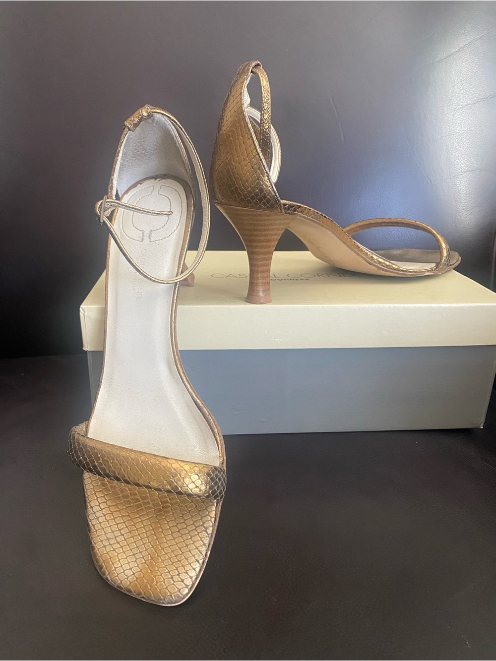 Casual Corner Gold Snake-Embossed Strappy Heels